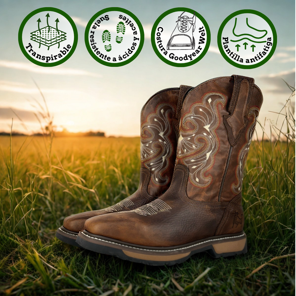 
                      
                        Bota rodeo de trabajo café con suela antideslizante y costura goodyear welt 5017
                      
                    