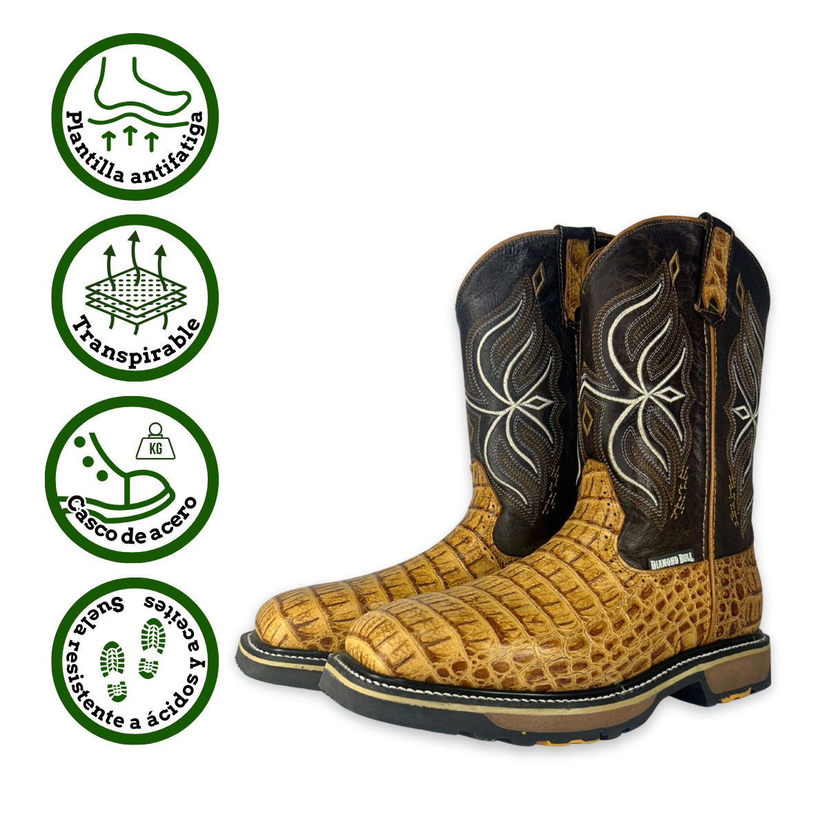 Bota rodeo de trabajo Estilo 9830 miel Casco de acero Suela doble densidad Diamond Bull